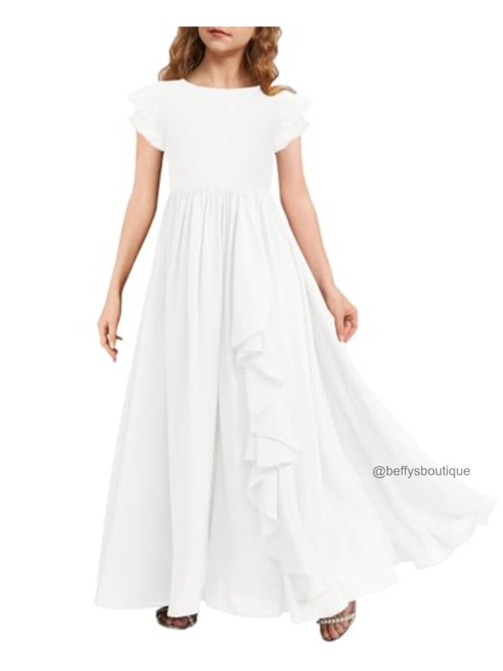 Girls Formal Lace Chiffon Maxi Dress Ruffle Sleeve Flower Girl Junior Bridesmaid